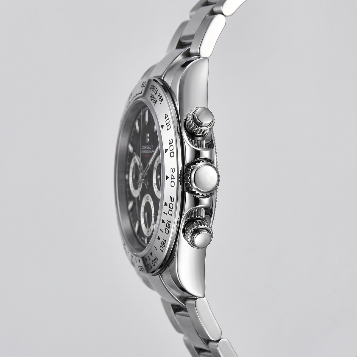 Corgeut Brooks Chronograph 39mm crown side detail