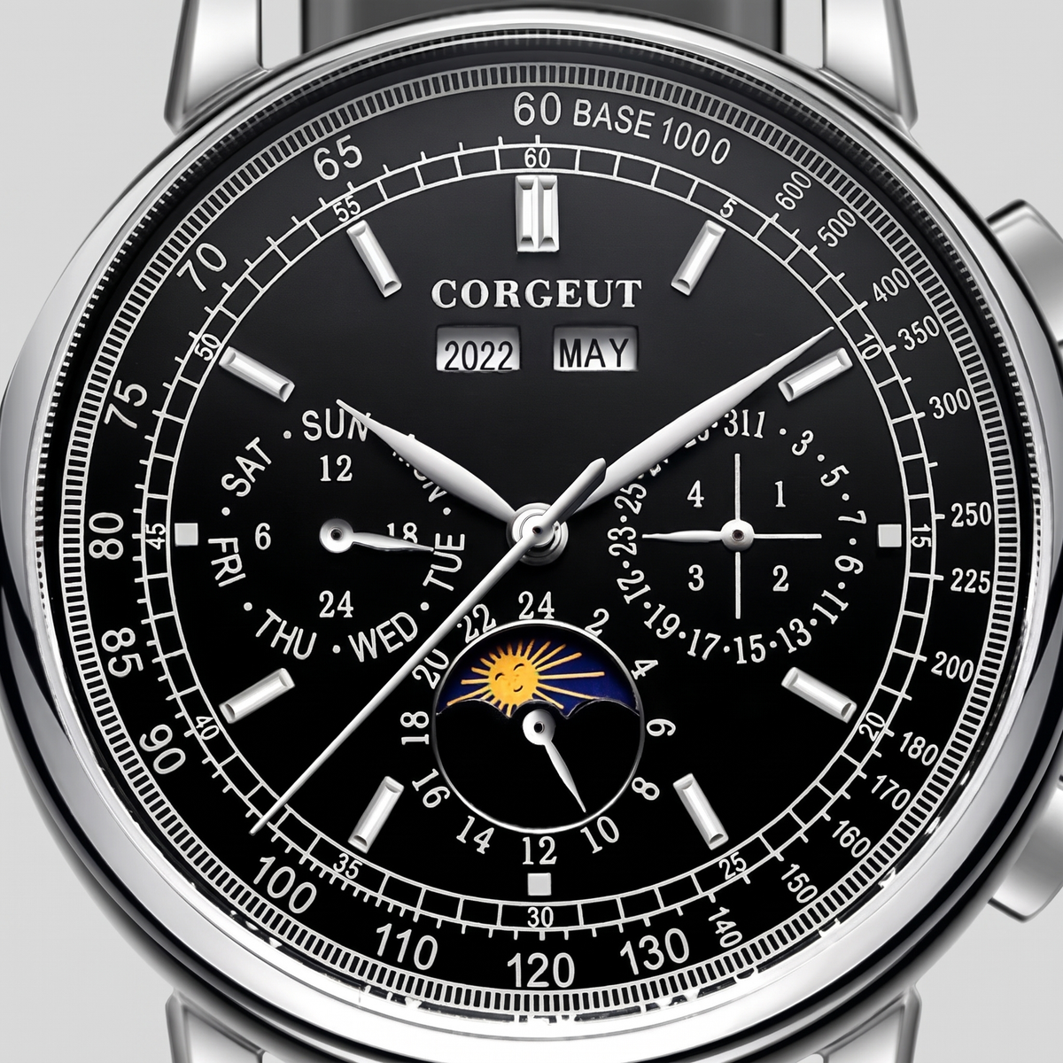 Corgeut Ellery Moonphase watch detail