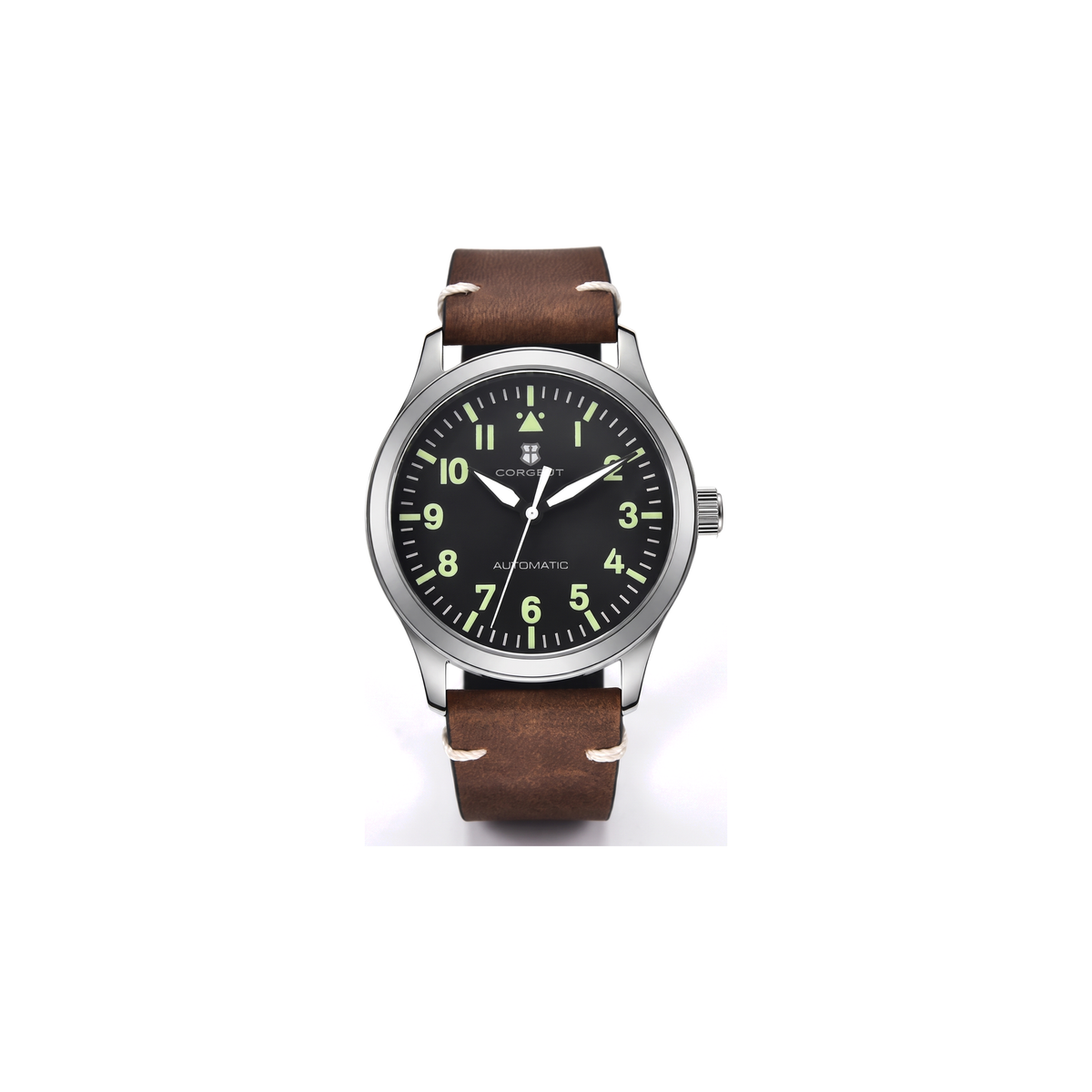 Corgeut hawthorne-pilot-42mm Steel / Lume Numerals, Brown Strap watch