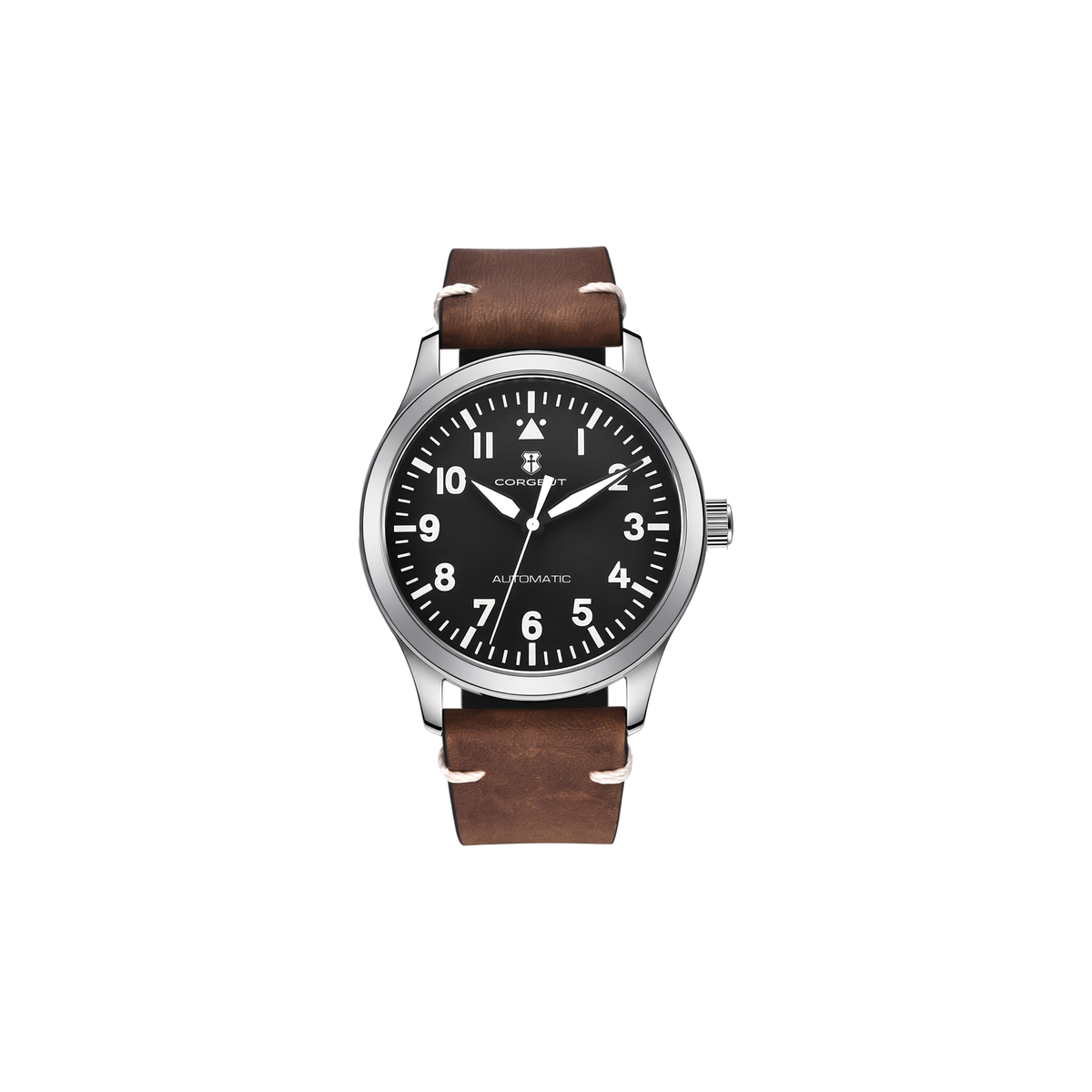 Corgeut hawthorne-pilot-42mm Steel / White Numerals, Brown Strap watch