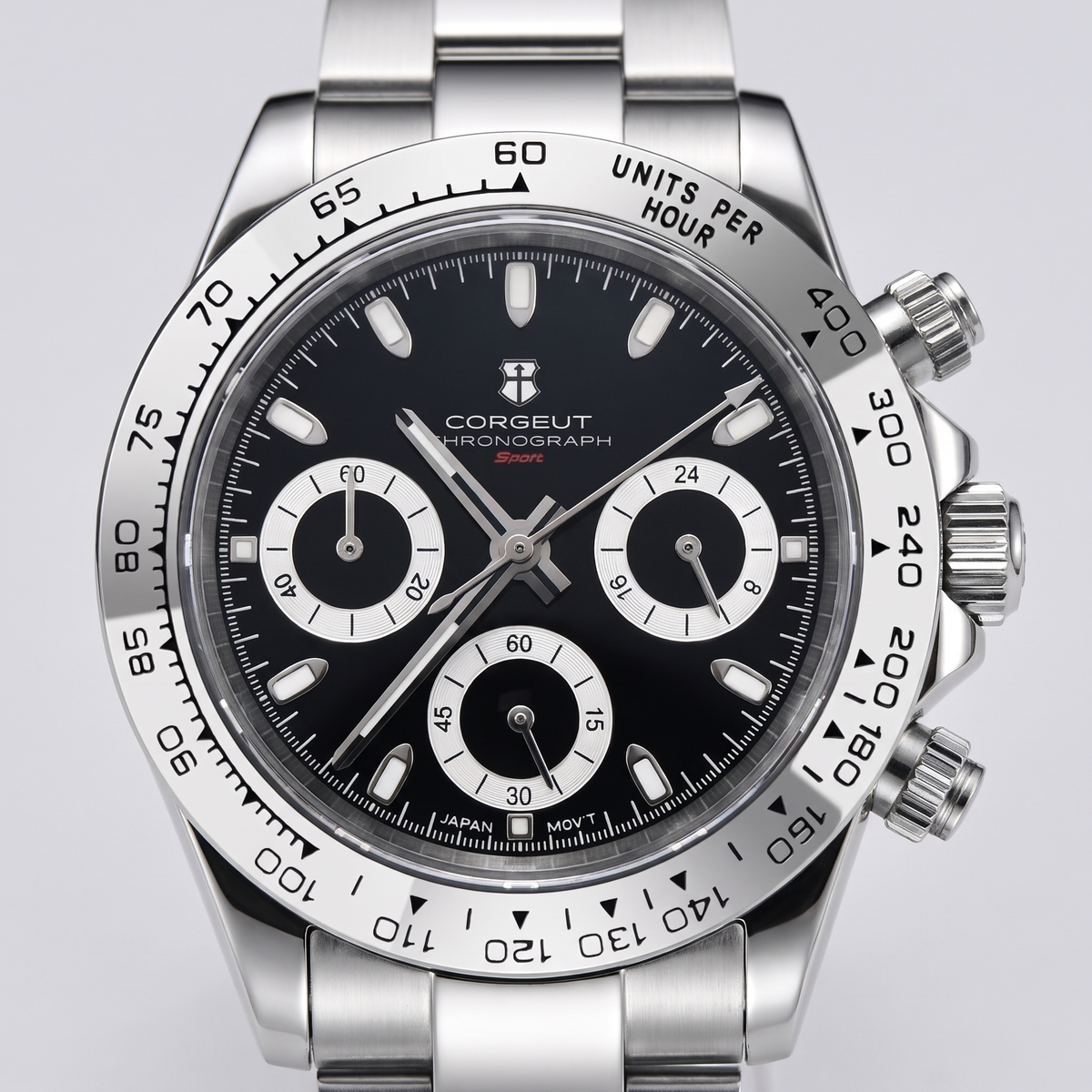 Corgeut Brooks Chronograph watch detail