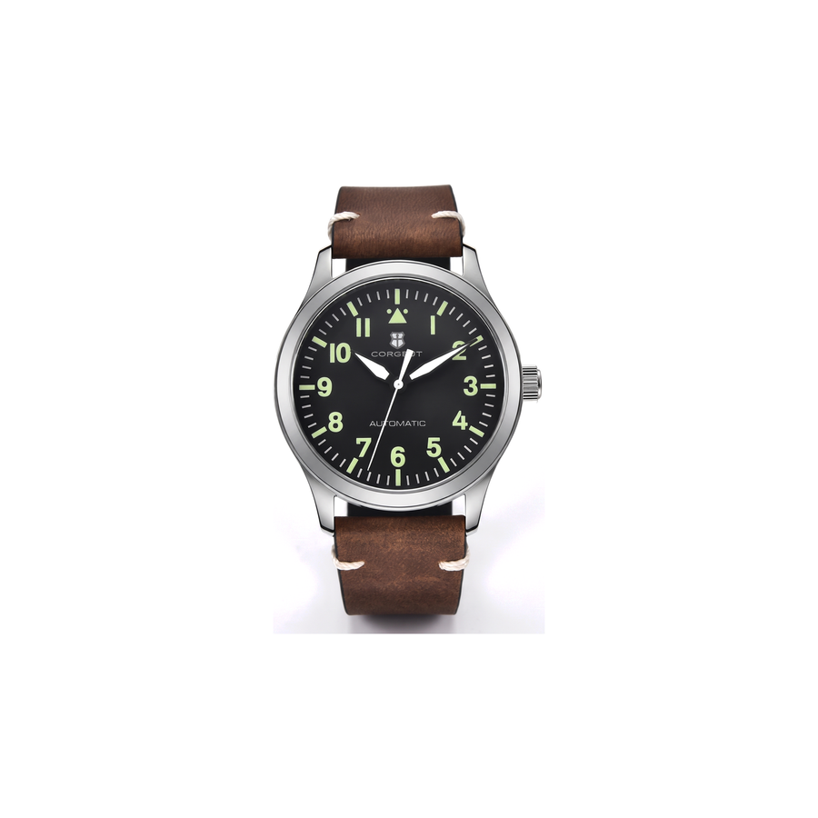 Corgeut hawthorne-pilot-42mm Steel / Lume Numerals, Brown Strap watch